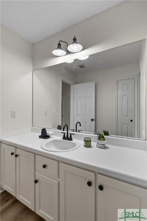 bathroom with vanity and wood-type flooring