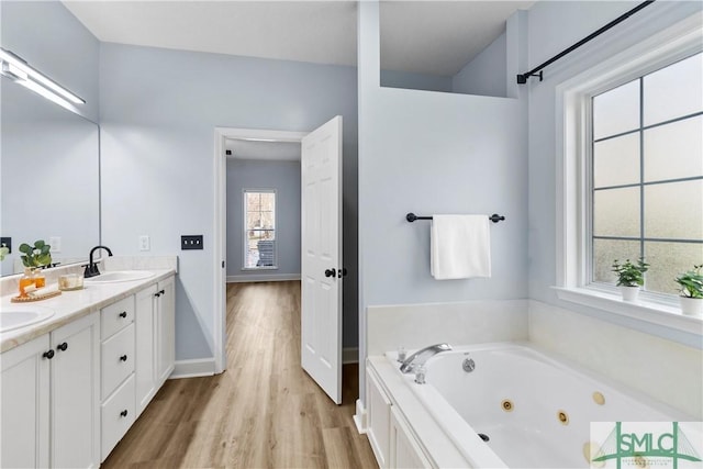 bathroom featuring a tub to relax in, vanity, and wood-type flooring