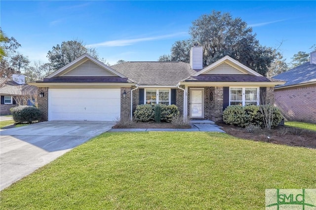 ranch-style home with a garage and a front lawn