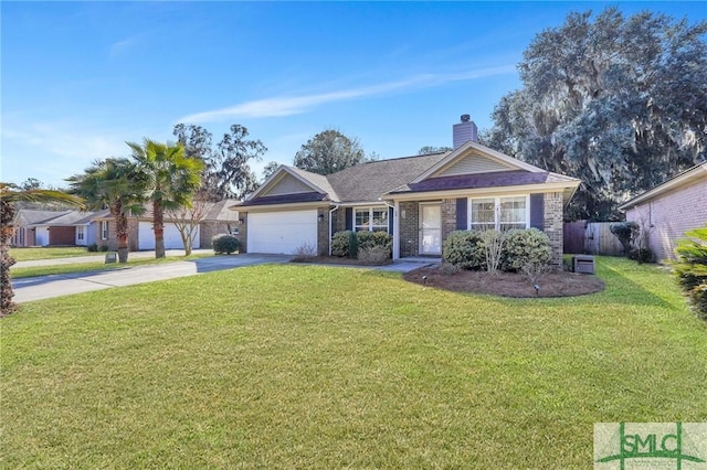 ranch-style house featuring a garage and a front yard