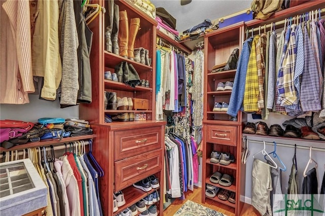 spacious closet with light hardwood / wood-style floors