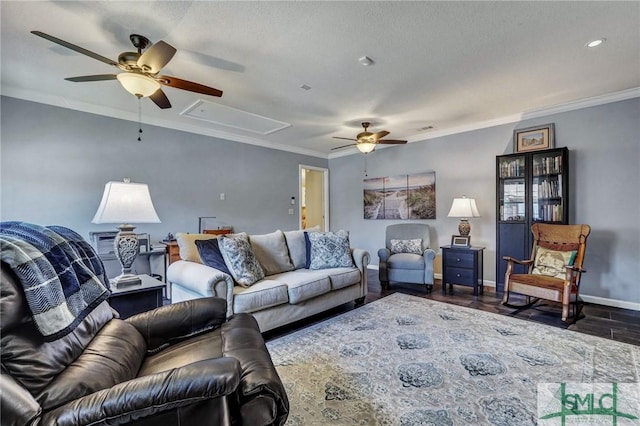 living room featuring crown molding, dark hardwood / wood-style floors, and ceiling fan