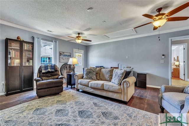 living room featuring ceiling fan, ornamental molding, and a textured ceiling