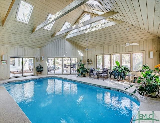 view of pool featuring a skylight