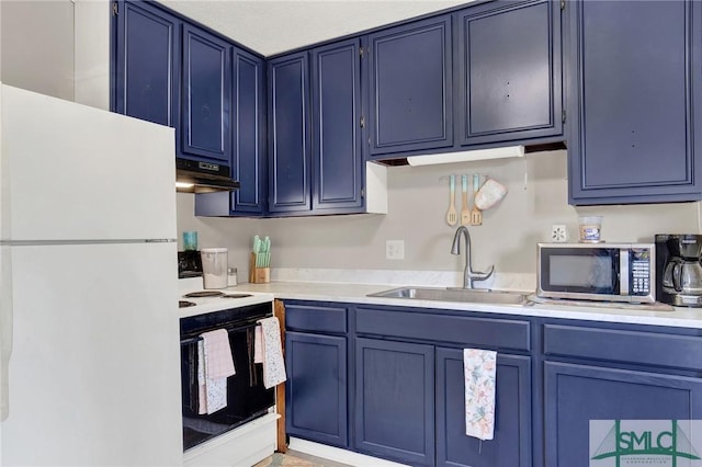 kitchen featuring blue cabinets, sink, and white appliances