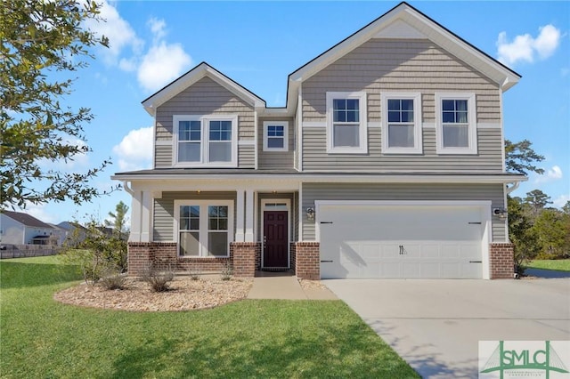 craftsman-style house featuring a garage and a front lawn