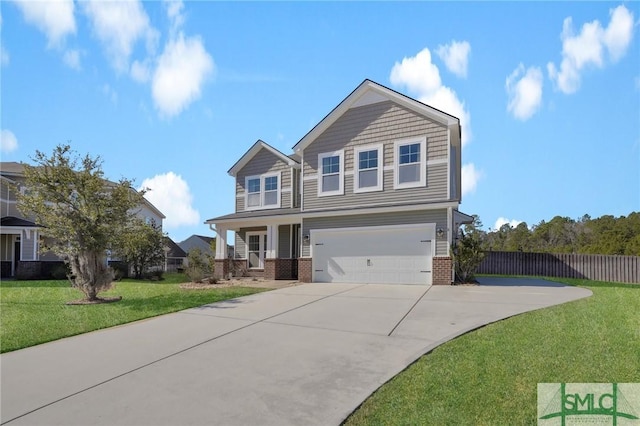 view of front of house with a garage, covered porch, and a front yard