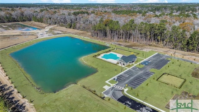 drone / aerial view featuring a water view