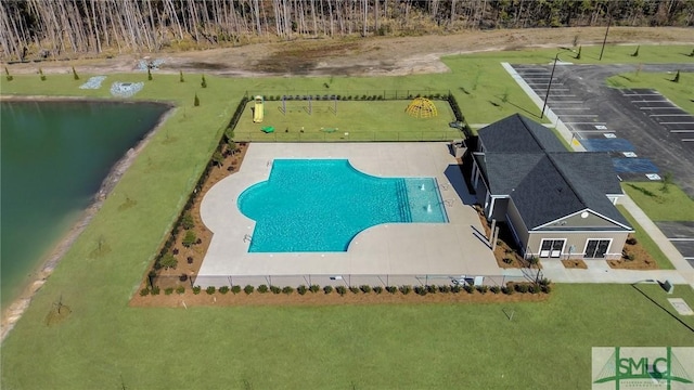 aerial view featuring a water view