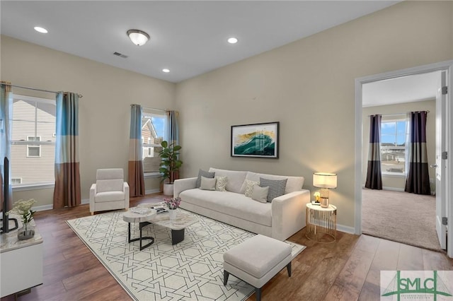 living room with a healthy amount of sunlight and hardwood / wood-style floors