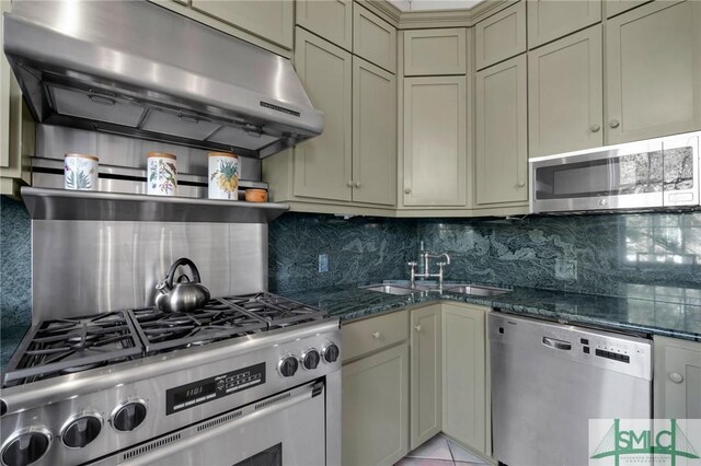 kitchen featuring sink, dark stone countertops, stainless steel appliances, tasteful backsplash, and exhaust hood