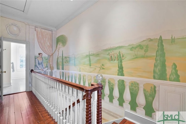 hall featuring ornamental molding and dark hardwood / wood-style floors