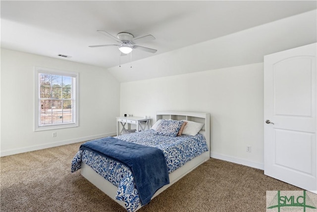 bedroom featuring lofted ceiling, carpet flooring, and ceiling fan