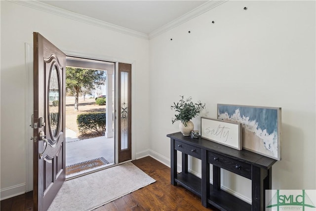 entrance foyer with ornamental molding and dark hardwood / wood-style flooring