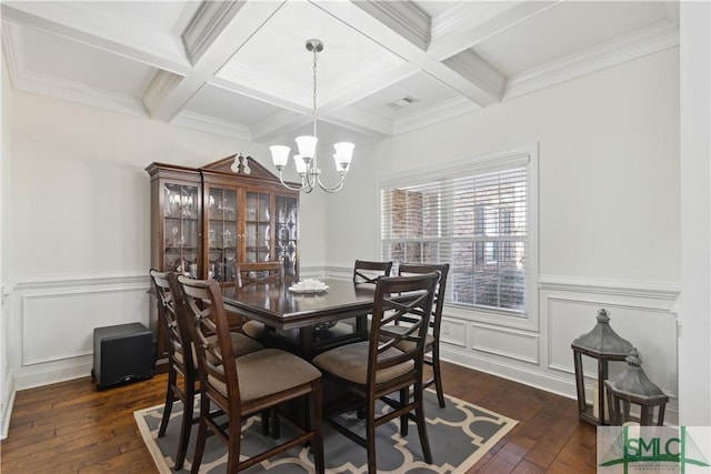 dining area featuring coffered ceiling, a notable chandelier, beam ceiling, and dark wood-type flooring