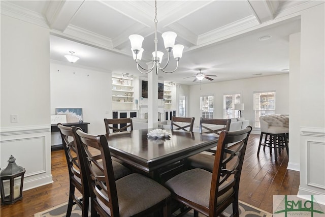 dining room with dark wood-type flooring, coffered ceiling, and beam ceiling