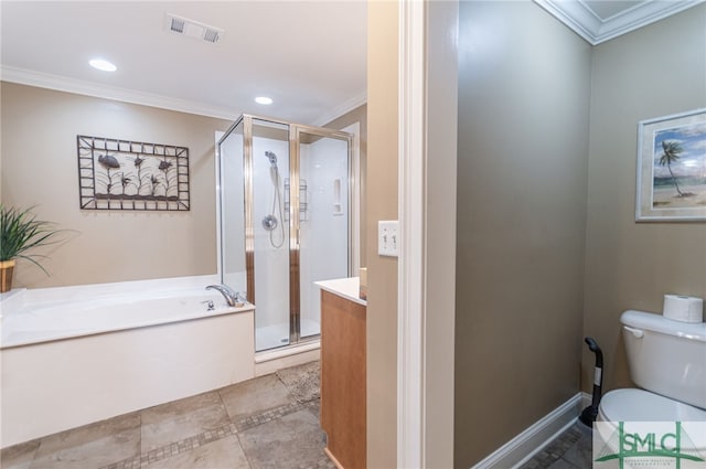 full bathroom with independent shower and bath, crown molding, and toilet