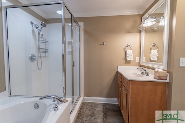 bathroom with vanity, crown molding, and plus walk in shower