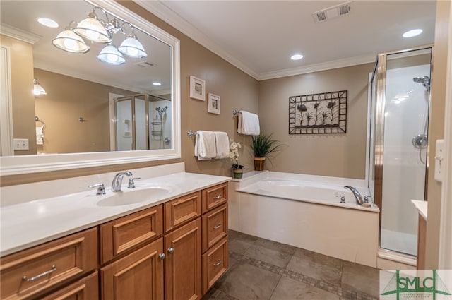 bathroom featuring ornamental molding, separate shower and tub, and vanity