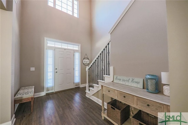 entryway featuring a high ceiling and dark wood-type flooring