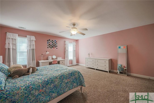 carpeted bedroom with ceiling fan