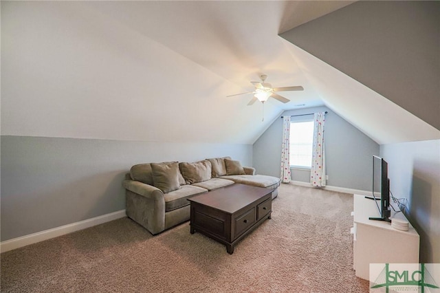 living room featuring lofted ceiling, light carpet, and ceiling fan