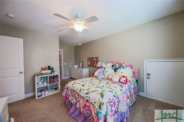 bedroom featuring carpet floors and ceiling fan