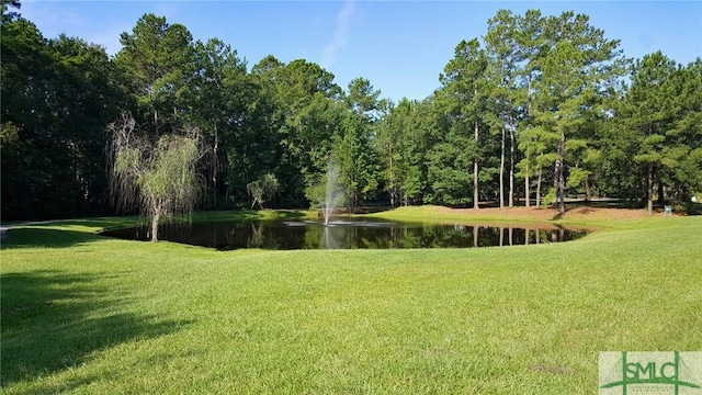 surrounding community featuring a water view and a lawn