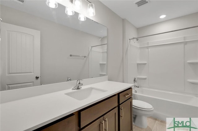 bathroom featuring  shower combination, visible vents, vanity, and toilet