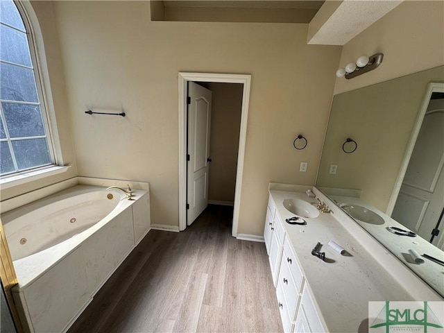 bathroom featuring vanity, a bath, and wood-type flooring