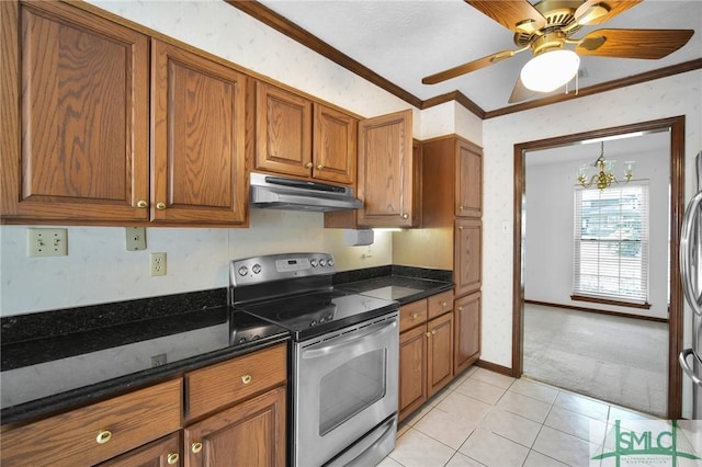 kitchen with light colored carpet, ornamental molding, stainless steel electric stove, and dark stone counters