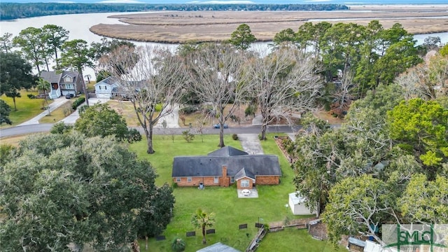 drone / aerial view with a water view