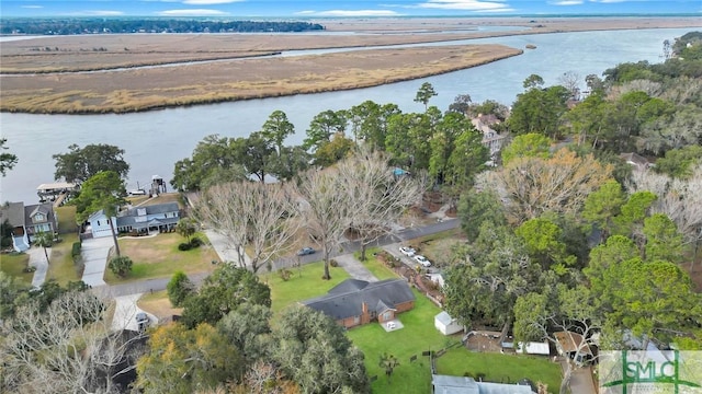 drone / aerial view with a water view