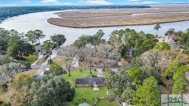 bird's eye view with a water view