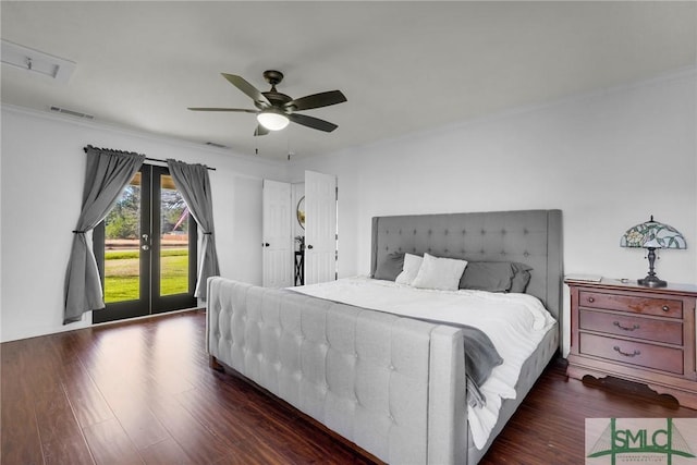 bedroom with ornamental molding, dark hardwood / wood-style floors, ceiling fan, and french doors