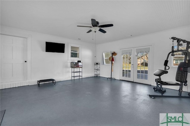 workout area featuring french doors and ceiling fan