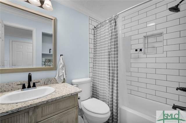 full bathroom featuring ornamental molding, vanity, shower / tub combo, and toilet