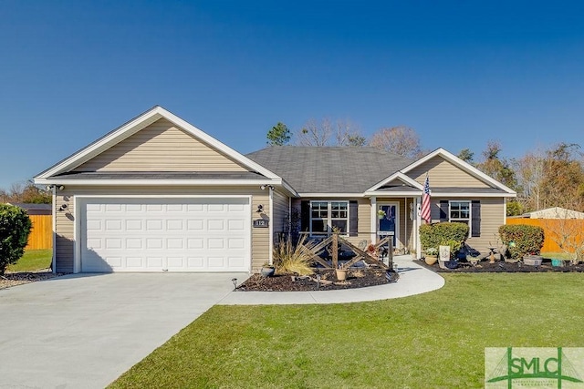 ranch-style house with a garage and a front yard