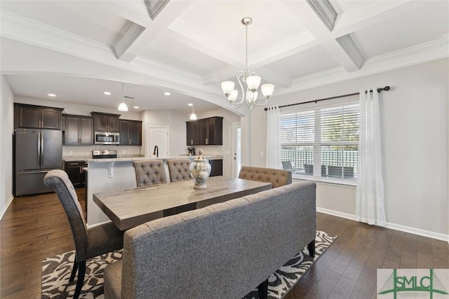 dining space with dark hardwood / wood-style flooring, beamed ceiling, coffered ceiling, and a chandelier