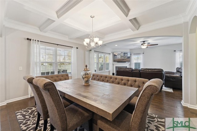 dining space with coffered ceiling, dark wood-type flooring, and beam ceiling