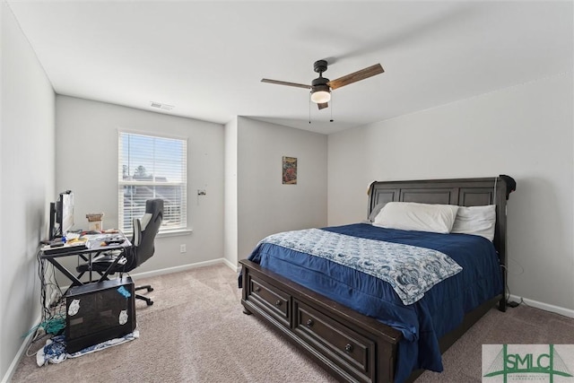 carpeted bedroom featuring ceiling fan