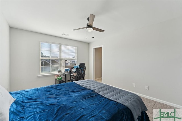 bedroom featuring carpet floors and ceiling fan