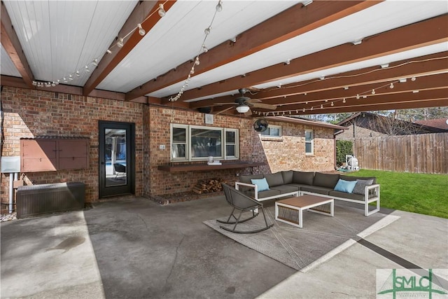 view of patio featuring ceiling fan and an outdoor hangout area