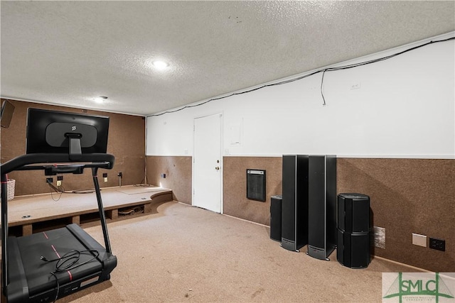 workout area featuring light carpet and a textured ceiling