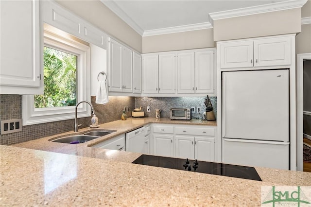 1 Bishopwood Ct, Savannah, GA 31411 - kitchen featuring white appliances, a sink, crown molding, tasteful backsplash, and white cabinets