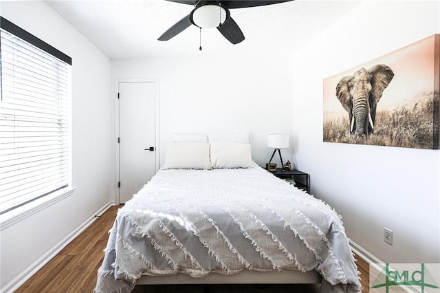 bedroom with multiple windows, ceiling fan, and dark hardwood / wood-style flooring