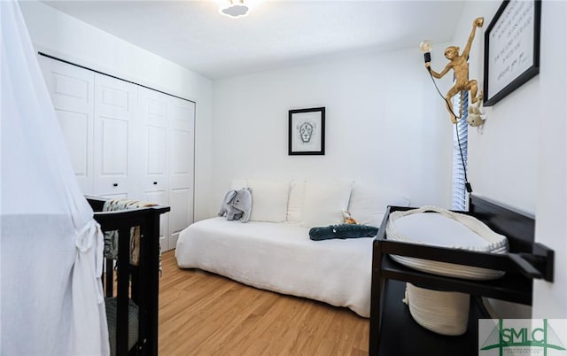 bedroom with wood-type flooring and a closet