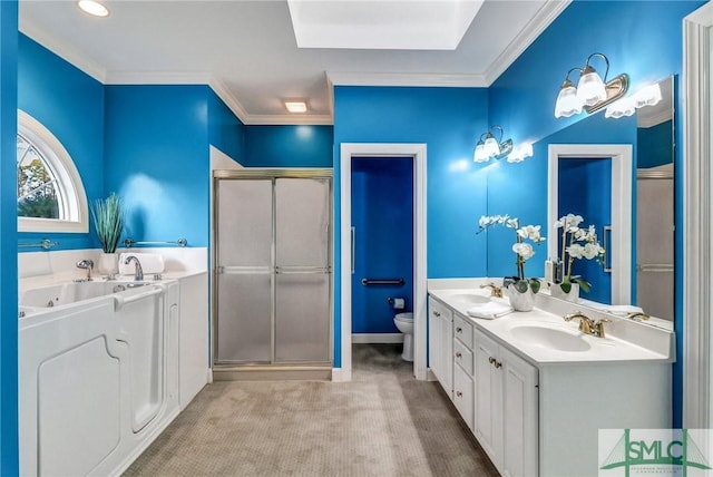 bathroom featuring a shower with door, crown molding, vanity, and toilet