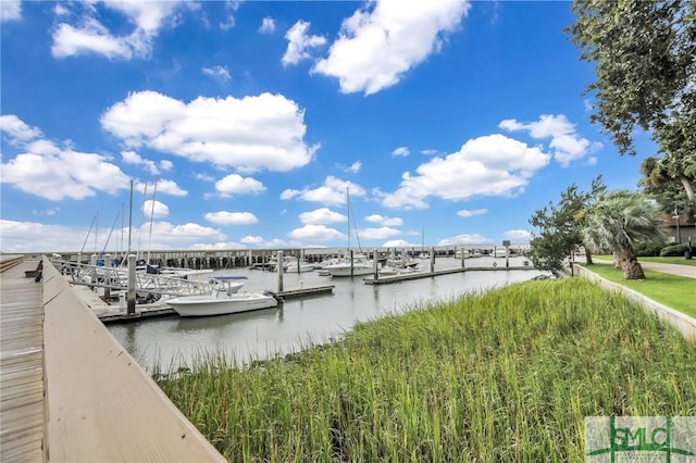 view of dock with a water view