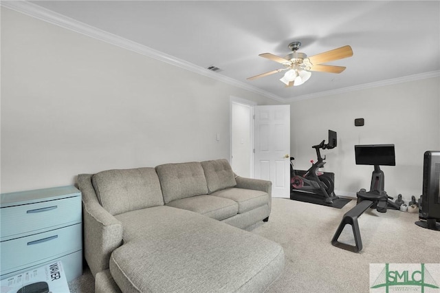 interior space featuring ornamental molding and ceiling fan